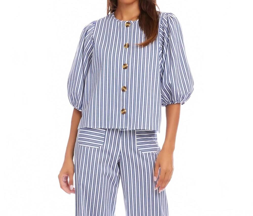 NEW KAREN KANE stripe puff sleeve button front top in blue with off white